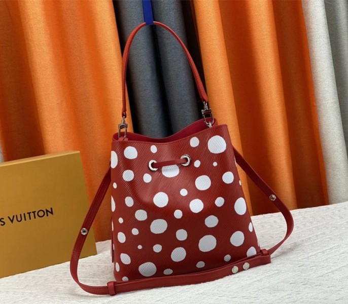 Louis Vuitton X YK Epi Leather NeoNoe MM Red Bag In White Infinity Dots