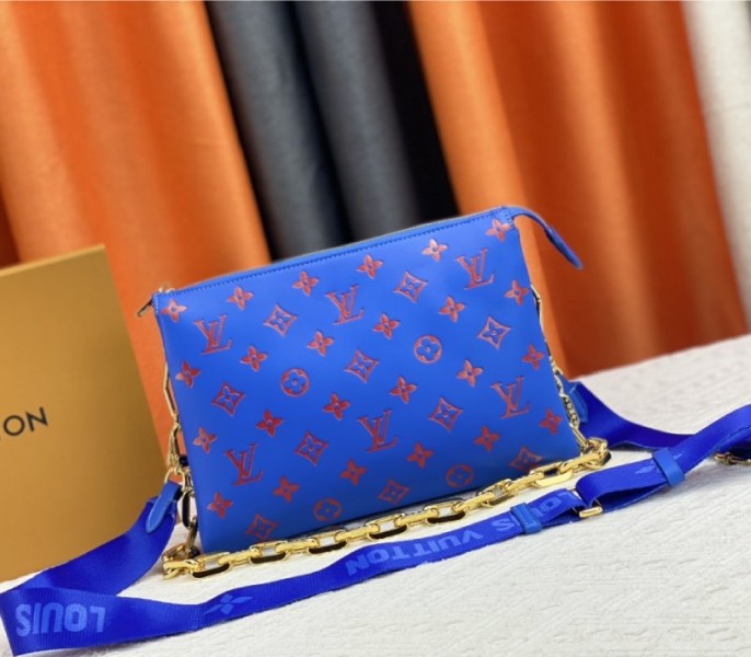 Louis Vuitton Coussin PM Bag In Blue And Red With Jacquard Strap