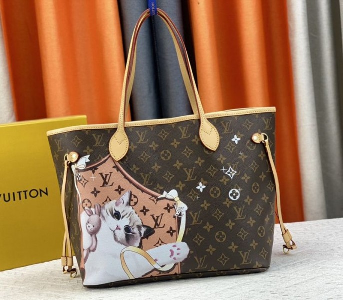 Louis Vuitton Monogram Canvas Neverfull MM Tote With Cat Print