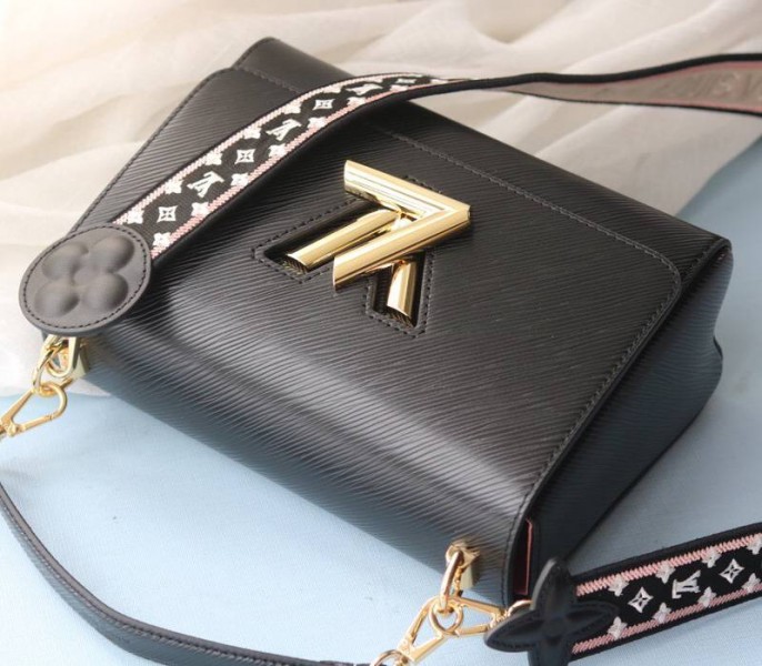 Louis Vuitton Epi Leather Twist MM Handbag In Black With Embroidered Strap