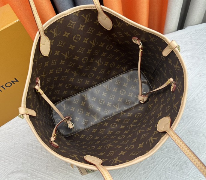 Louis Vuitton Neverfull Bandouliere Inside Out MM Tote In Monogram Canvas And Stamped Beige Textile
