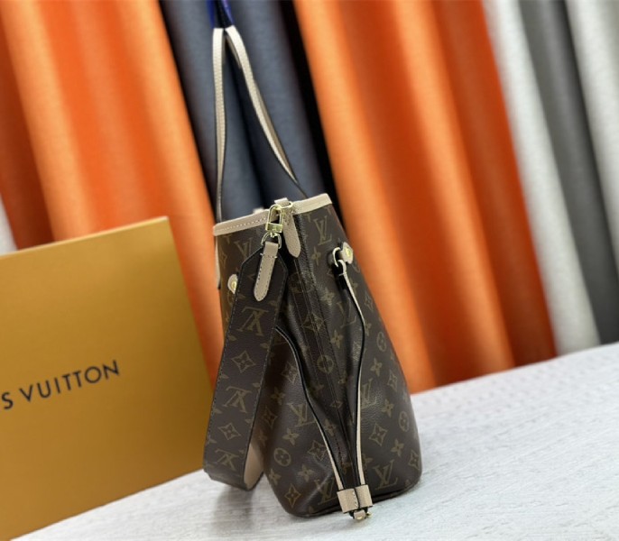 Louis Vuitton Neverfull Bandouliere Inside Out MM Tote In Monogram Canvas And Beige Textile And Leather