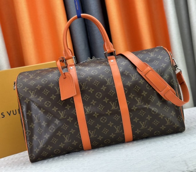 Louis Vuitton Monogram Macassar Canvas Keepall Bandouliere 50 In Tangerine Orange