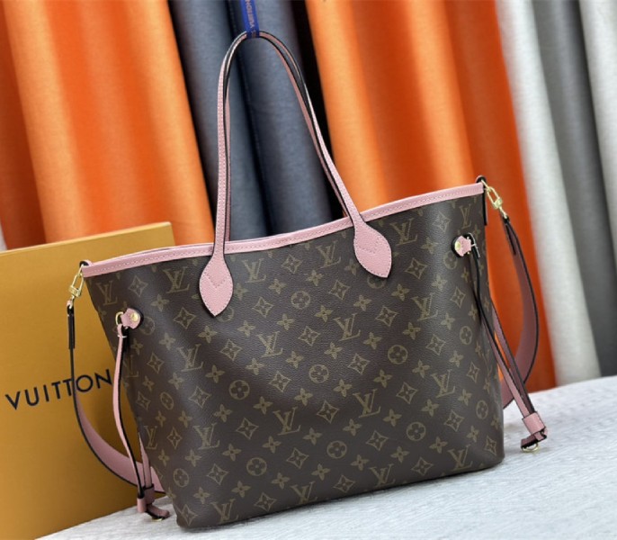 Louis Vuitton Neverfull Bandouliere Inside Out MM Tote In Monogram Canvas And Peony Pink Textile And Leather