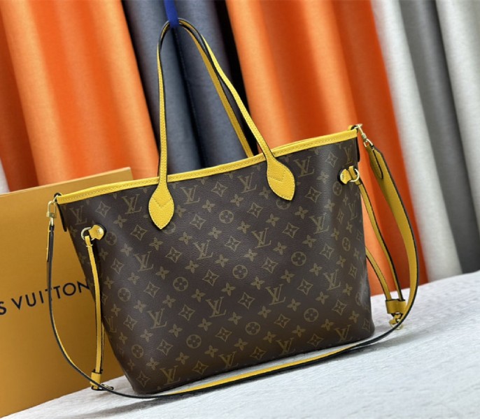 Louis Vuitton Neverfull Bandouliere Inside Out MM Tote In Monogram Canvas And Yellow Textile And Leather