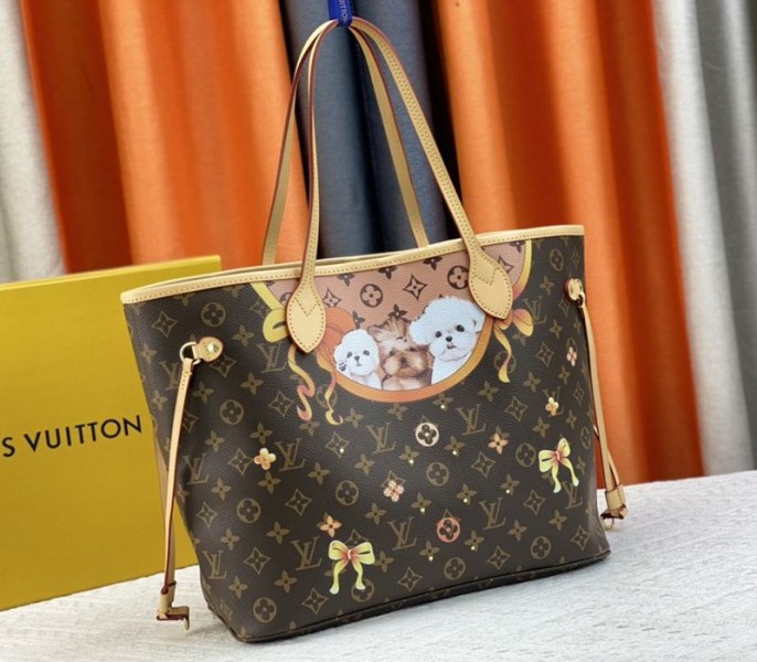 Louis Vuitton Monogram Canvas Neverfull MM Tote With Puppies