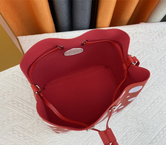 Louis Vuitton X YK Epi Leather NeoNoe MM Red Bag In White Infinity Dots