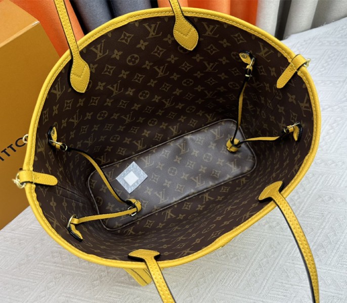 Louis Vuitton Neverfull Bandouliere Inside Out MM Tote In Monogram Canvas And Yellow Textile And Leather