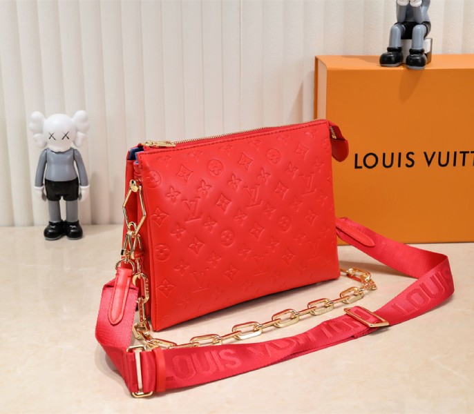 Louis Vuitton Coussin PM Bag In Neon Red With Jacquard Strap