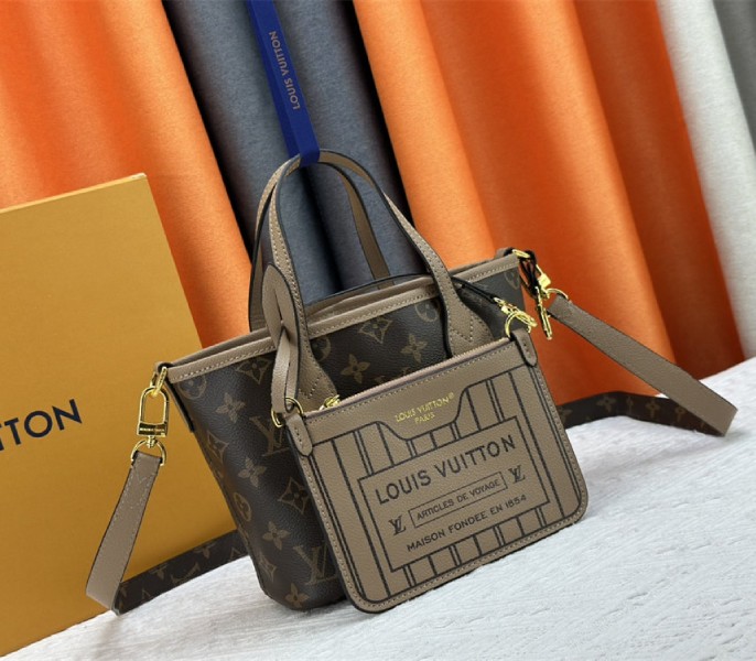 Louis Vuitton Neverfull Bandouliere Inside Out BB Tote In Monogram Canvas And Khaki Green Leather