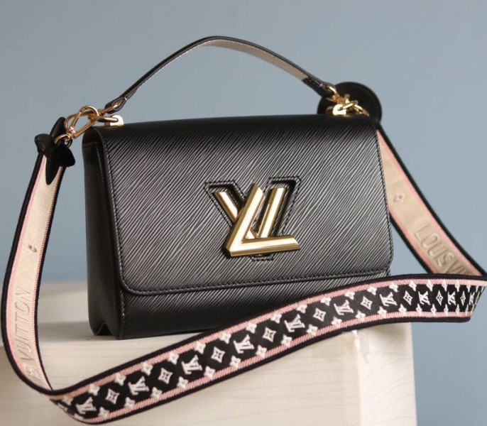Louis Vuitton Epi Leather Twist MM Handbag In Black With Embroidered Strap