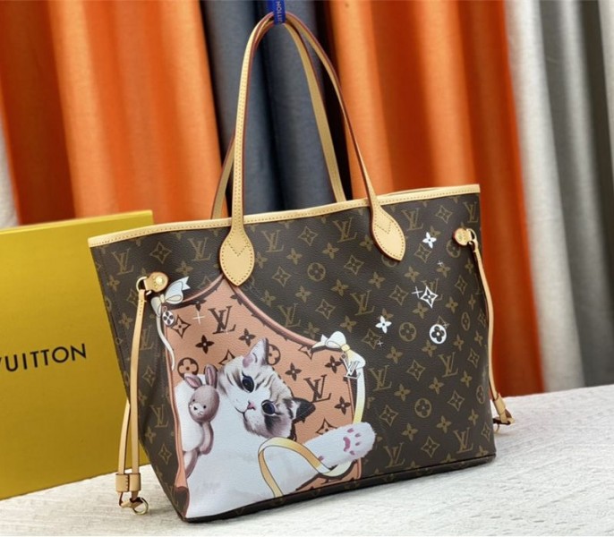 Louis Vuitton Monogram Canvas Neverfull MM Tote With Cat Print