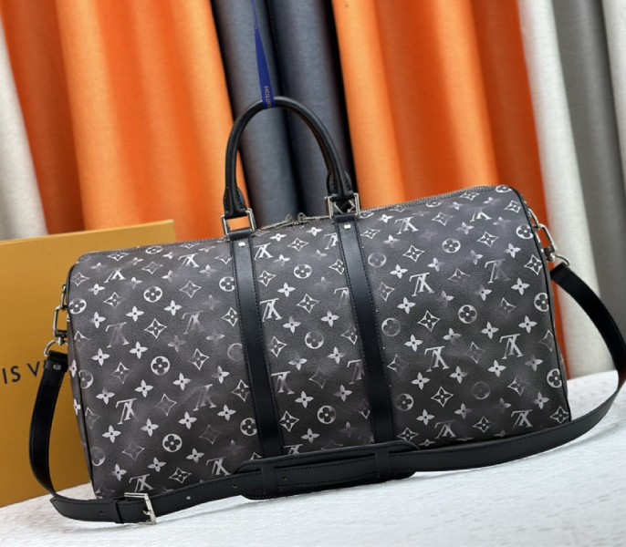 Louis Vuitton Brushed Monogram Leather Keepall Bandouliere 50 In Black