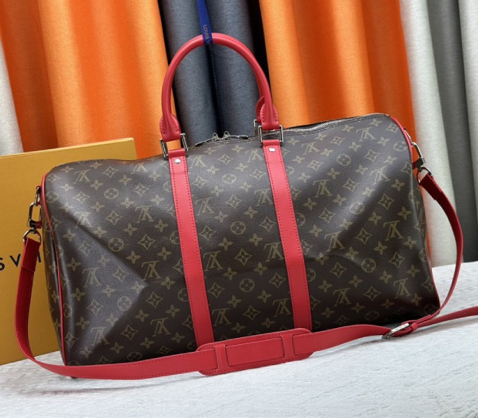 Louis Vuitton Monogram Macassar Canvas Keepall Bandouliere 50 In Sari Red