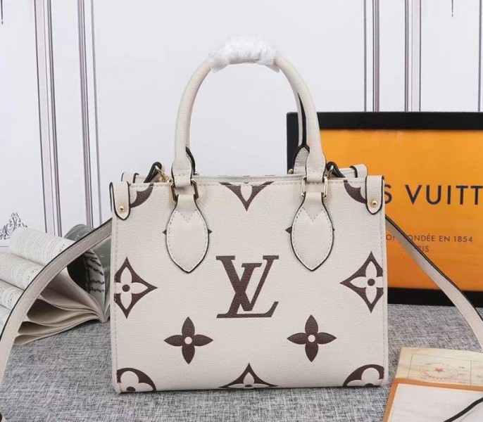 Louis Vuitton Bicolor Monogram Empreinte Leather Onthego PM Bag In Cream And Bois De Rose Pink