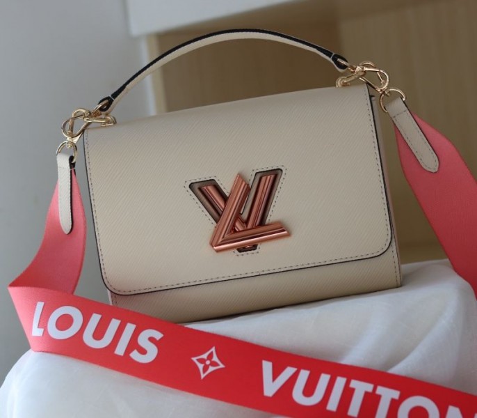 Louis Vuitton Epi Leather Twist MM Handbag In Quartz White With Gradient Strap