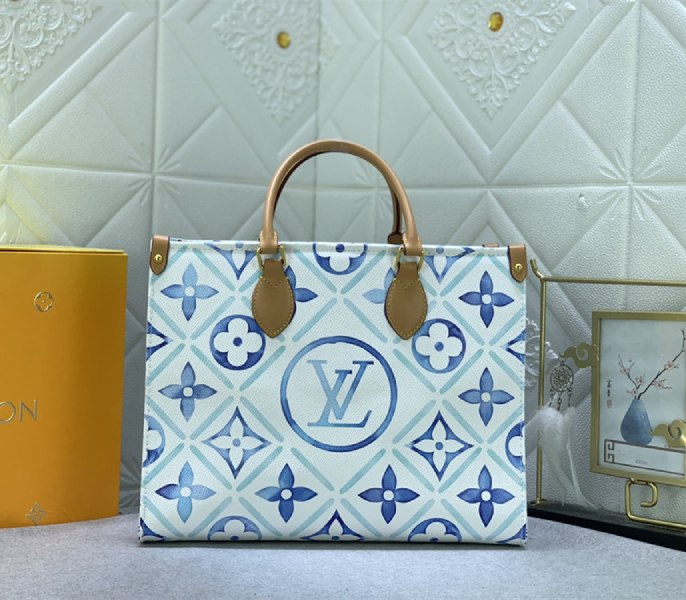 Louis Vuitton LV By The Pool Monogram Tiles Canvas Onthego MM Tote In Lagoon Blue