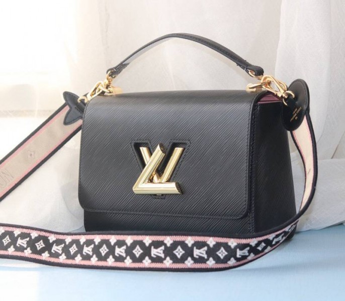 Louis Vuitton Epi Leather Twist MM Handbag In Black With Embroidered Strap
