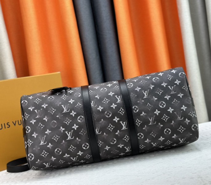 Louis Vuitton Brushed Monogram Leather Keepall Bandouliere 50 In Black