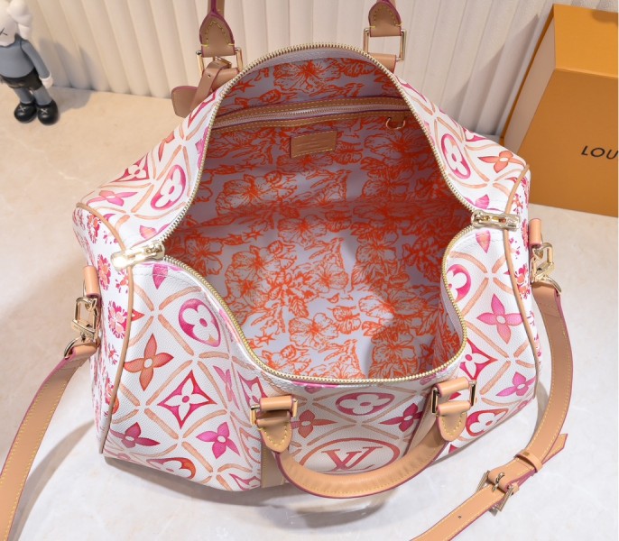LV By The Pool Monogram Tiles Canvas Keepall 45 In Coral