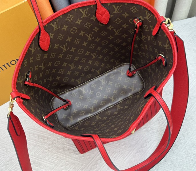 Louis Vuitton Neverfull Bandouliere Inside Out MM Tote In Monogram Canvas And Rouge Sari Textile