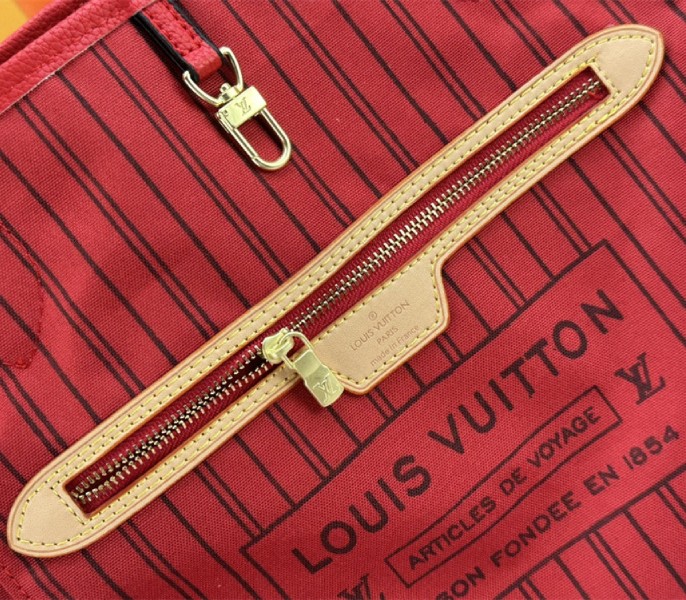 Louis Vuitton Neverfull Bandouliere Inside Out MM Tote In Monogram Canvas And Rouge Sari Textile