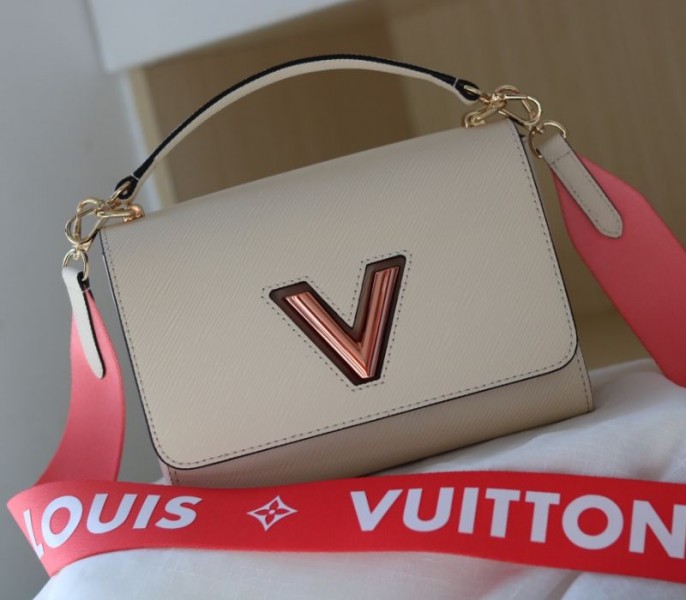 Louis Vuitton Epi Leather Twist MM Handbag In Quartz White With Gradient Strap