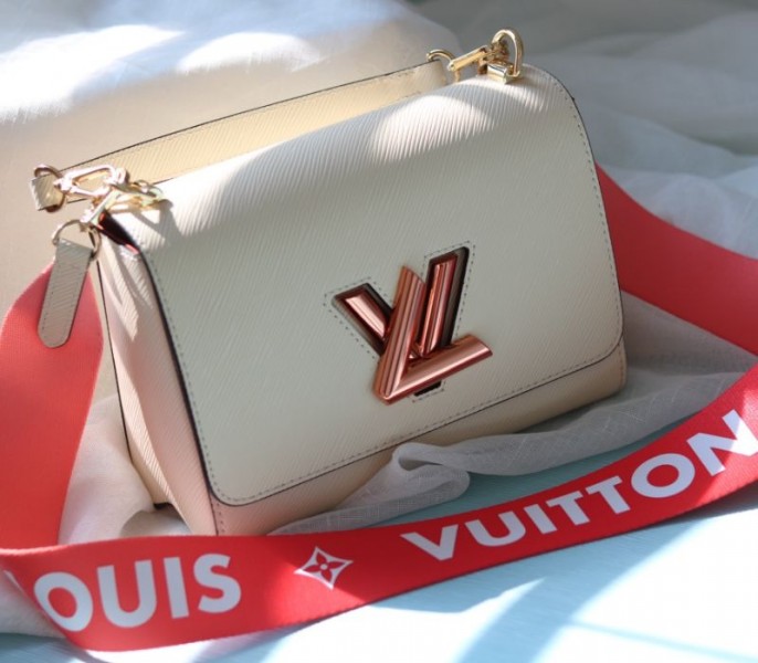 Louis Vuitton Epi Leather Twist MM Handbag In Quartz White With Gradient Strap