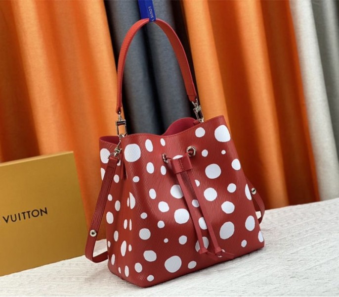 Louis Vuitton X YK Epi Leather NeoNoe MM Red Bag In White Infinity Dots