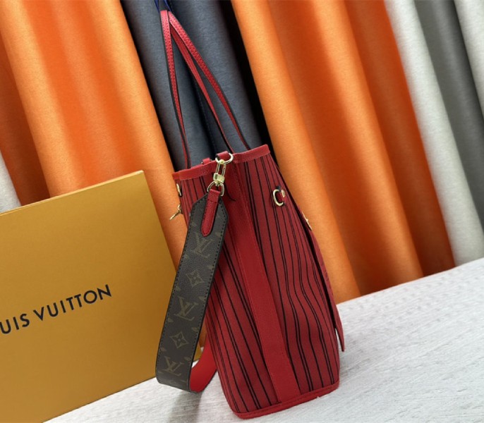 Louis Vuitton Neverfull Bandouliere Inside Out MM Tote In Monogram Canvas And Rouge Sari Textile