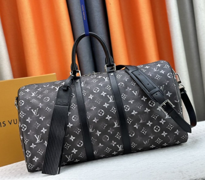 Louis Vuitton Brushed Monogram Leather Keepall Bandouliere 50 In Black