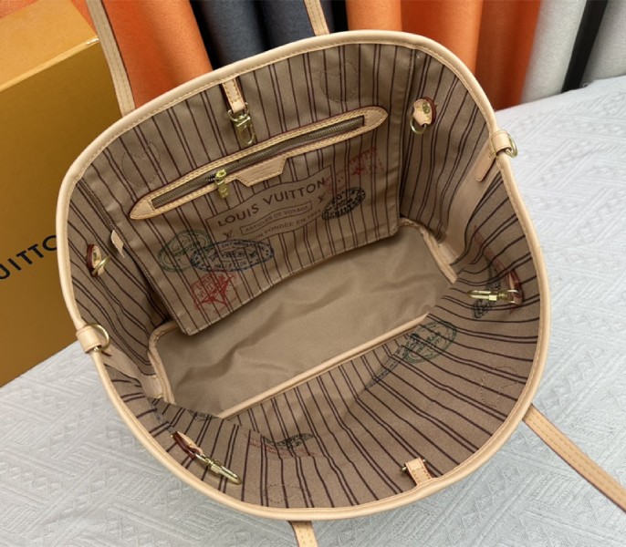 Louis Vuitton Neverfull Bandouliere Inside Out MM Tote In Monogram Canvas And Stamped Beige Textile