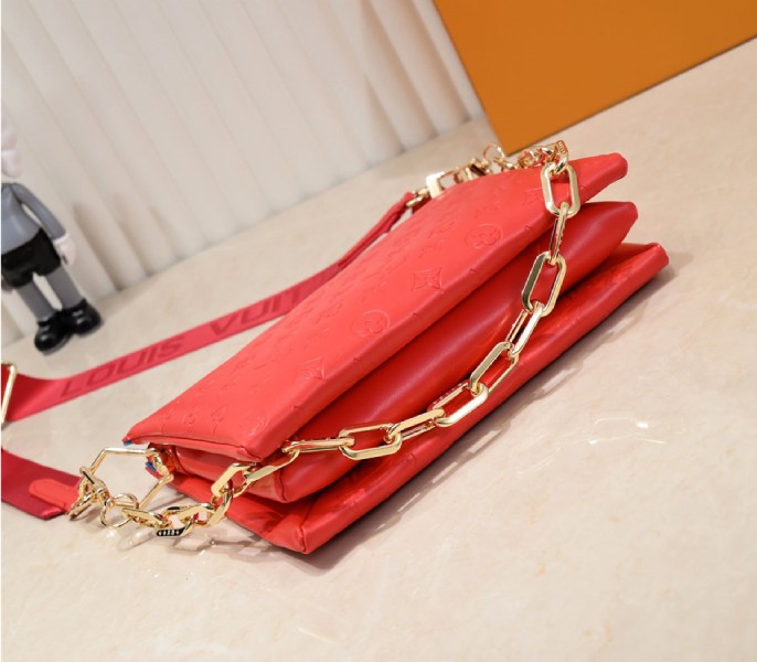 Louis Vuitton Coussin PM Bag In Neon Red With Jacquard Strap