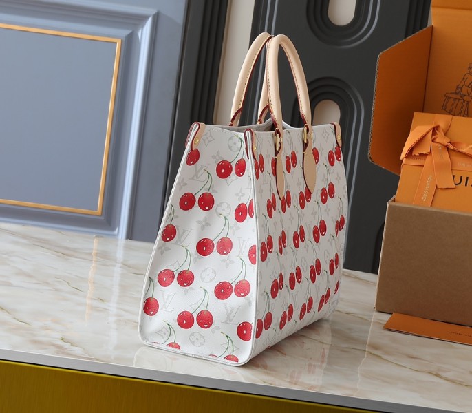 X TM Monogram Cherry Canvas Onthego MM In White Style 1
