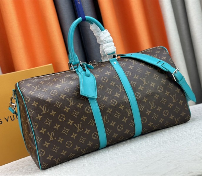 Louis Vuitton Monogram Macassar Canvas Keepall Bandouliere 50 In Turquoise Blue