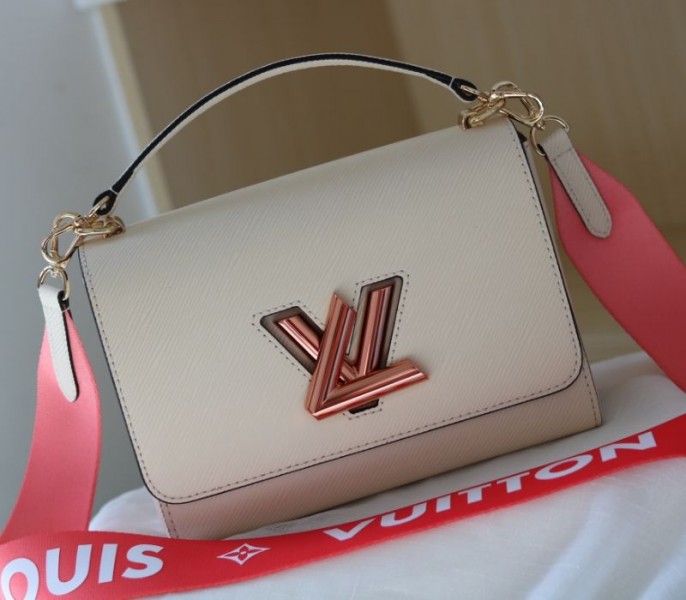 Louis Vuitton Epi Leather Twist MM Handbag In Quartz White With Gradient Strap