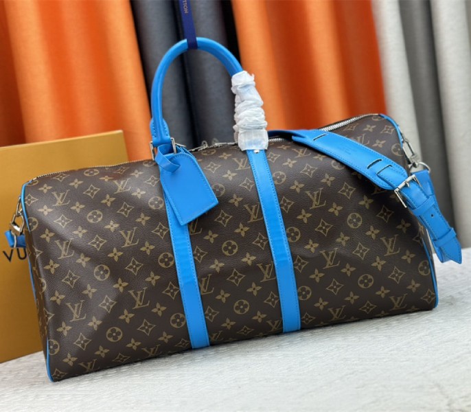 Louis Vuitton Monogram Macassar Canvas Keepall Bandouliere 50 In Gaston Blue