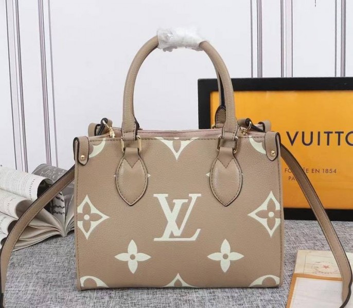Louis Vuitton Bicolor Monogram Empreinte Leather Onthego PM Bag In Tourterelle Gray And Cream