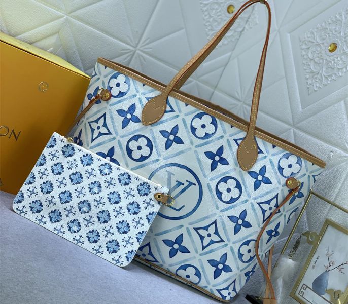 Louis Vuitton LV By The Pool Monogram Tiles Canvas Neverfull MM Tote In Lagoon Blue