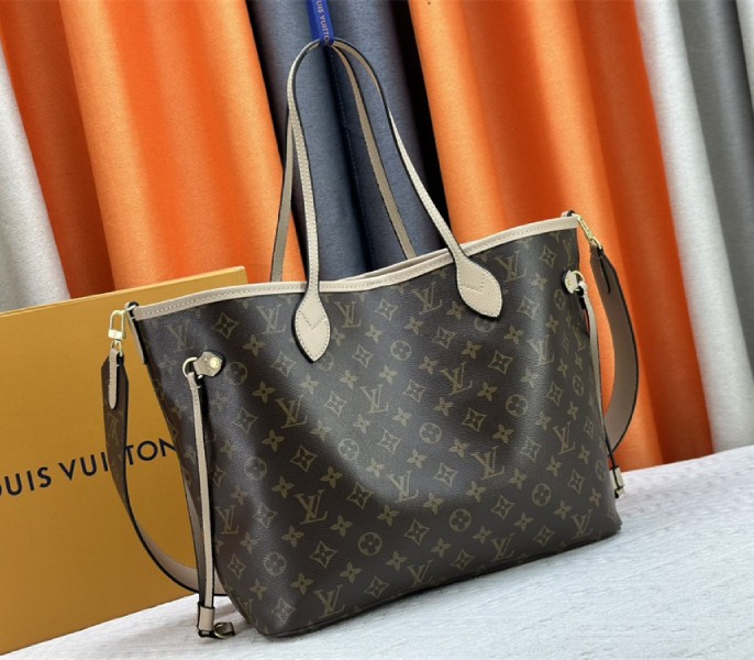 Louis Vuitton Neverfull Bandouliere Inside Out MM Tote In Monogram Canvas And Beige Textile And Leather