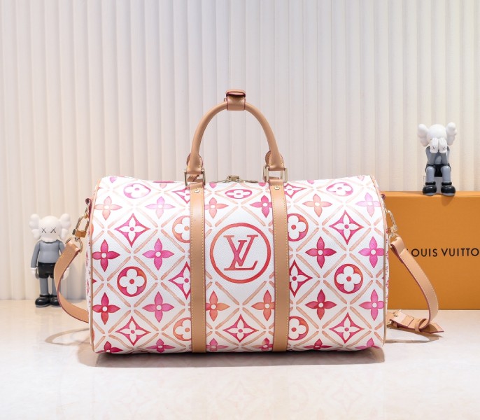 LV By The Pool Monogram Tiles Canvas Keepall 45 In Coral