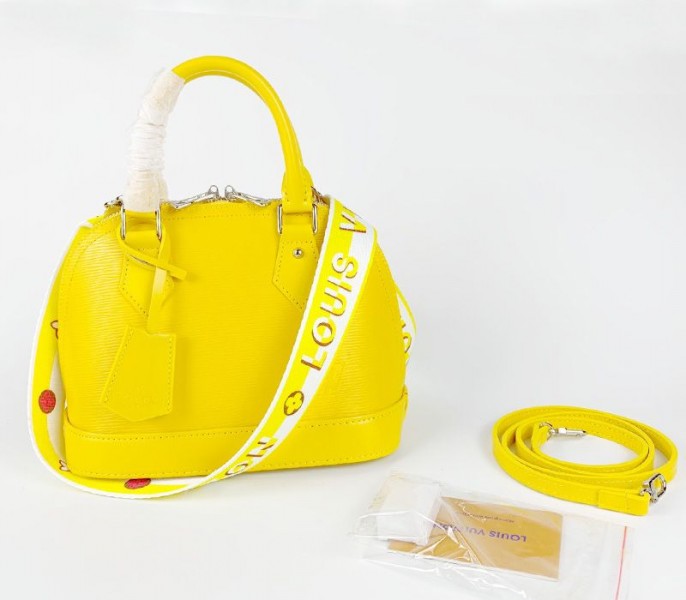 Louis Vuitton Epi Leather Alma BB Handbag In Cedrat Yellow With Jacquard Strap