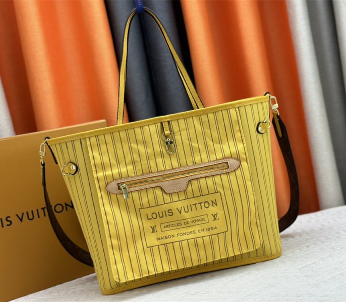Louis Vuitton Neverfull Bandouliere Inside Out MM Tote In Monogram Canvas And Yellow Textile And Leather