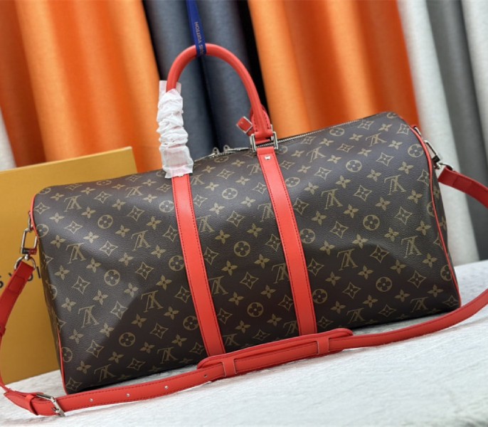 Louis Vuitton Monogram Macassar Canvas Keepall Bandouliere 50 In Red