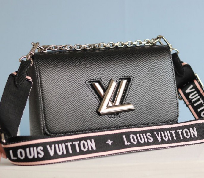 Louis Vuitton Epi Leather Twist MM Bag In Black With Jacquard Strap