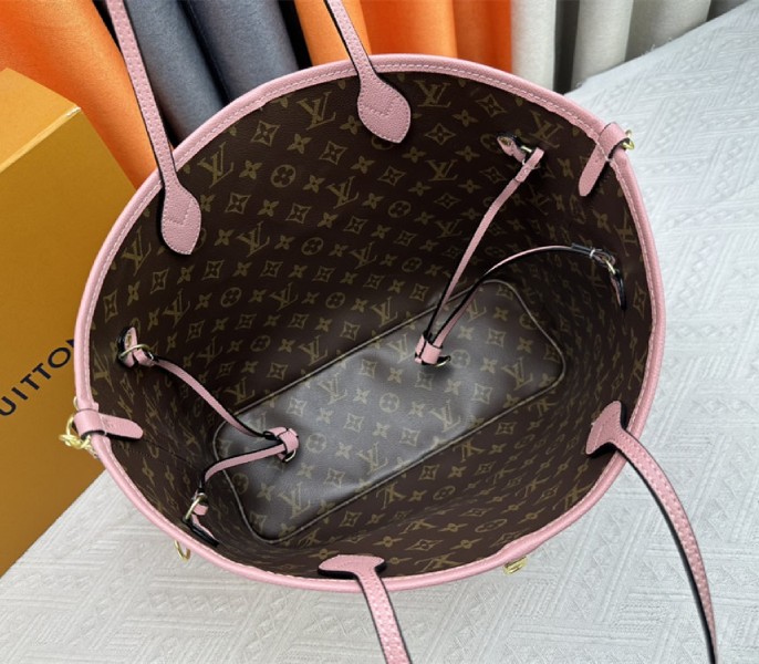 Louis Vuitton Neverfull Bandouliere Inside Out MM Tote In Monogram Canvas And Peony Pink Textile And Leather
