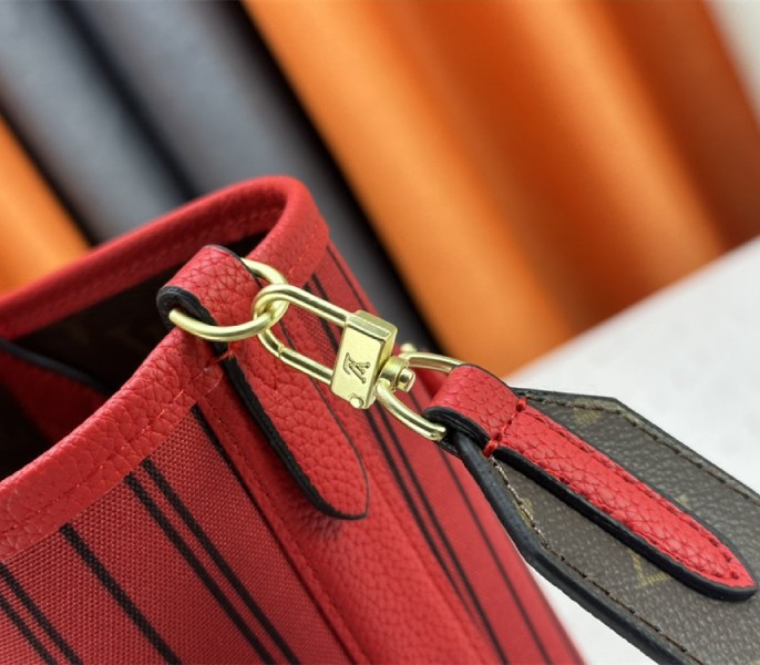 Louis Vuitton Neverfull Bandouliere Inside Out MM Tote In Monogram Canvas And Rouge Sari Textile