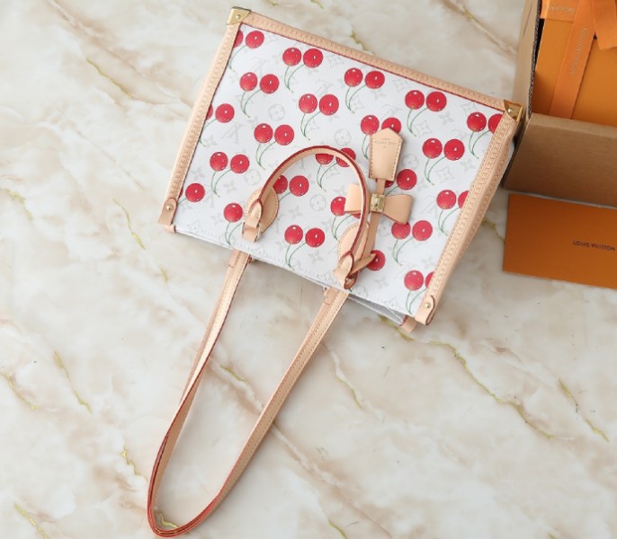 X TM Monogram Cherry Canvas Onthego MM In White Style 2