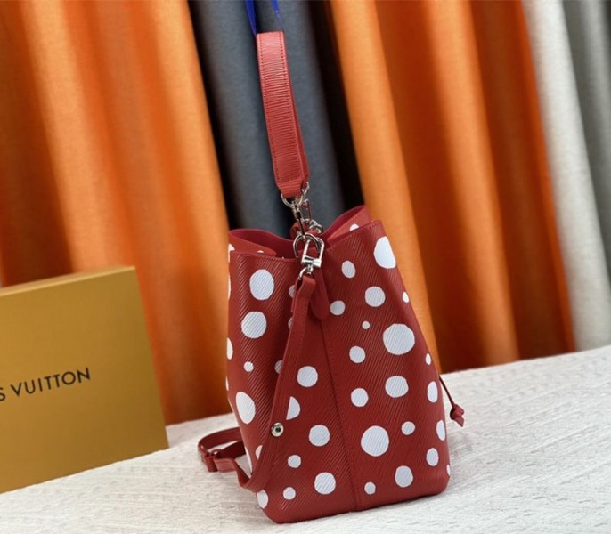 Louis Vuitton X YK Epi Leather NeoNoe MM Red Bag In White Infinity Dots