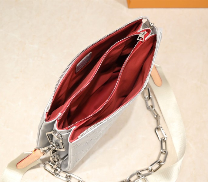 Louis Vuitton Coussin PM Bag In Silver With Jacquard Strap